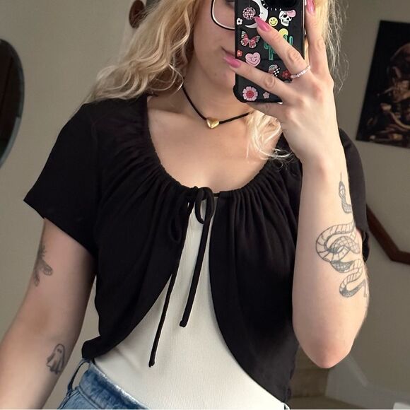 Princess Polly Open Front Tie Top/Short Sleeve Cardigan - Picture 1 of 6